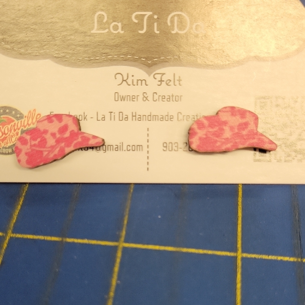 Western Pink Cowboy Cow Print Hat 0.5" Earrings